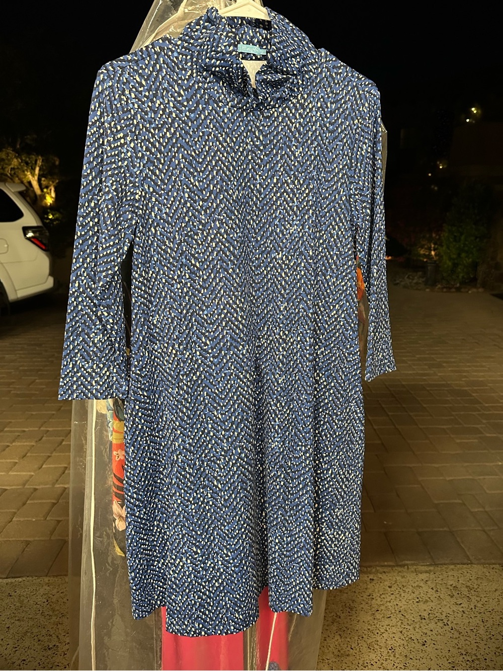 Blue Printed Long-Sleeve A-Line Dress